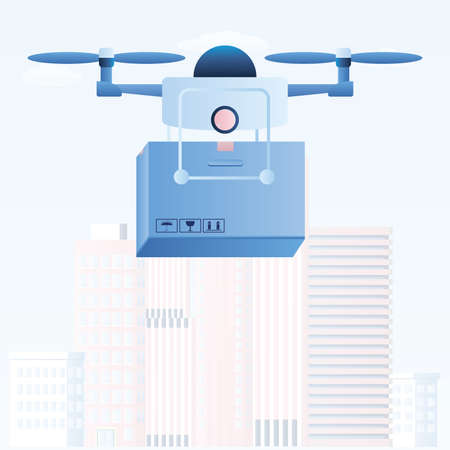 Delivery of goods to the buyer. Delivery drone with box. Future technology transport in trendy style. Urban view on background. Vector illustrationのイラスト素材