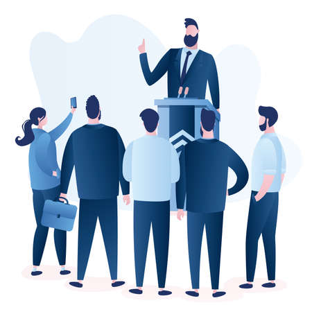 Caucasian Politician speaking. Male speaker giving speech from tribune with microphones and group of people listens to politics. Human characters isolated on white background. Vector trendy illustrationのイラスト素材