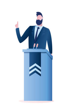 Caucasian Politician speaking. Male giving speech from tribune with microphones. Handsome character isolated on white background. Vector trendy style illustrationのイラスト素材
