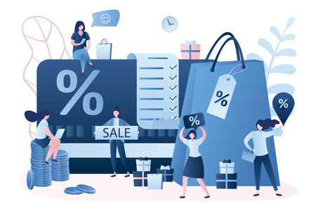 Discount and loyalty card, loyalty program and customer service. Rewards card points concept, big shopping list and shopping bag. Trendy style vector illustrationのイラスト素材