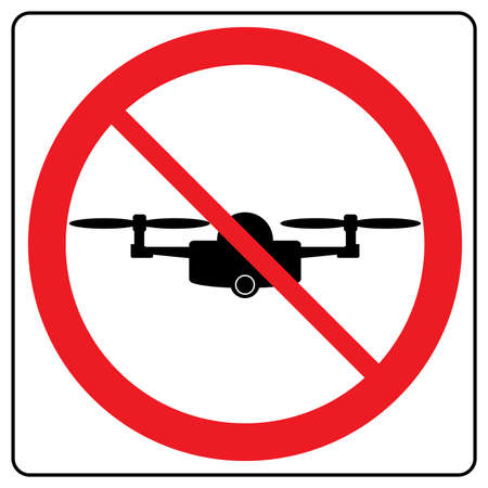 Copter launch forbidden - no air drone allowed sign, quadrocopter flight banned. Black silhouette of drone in red circle. Template background. Vector illustrationのイラスト素材