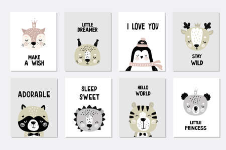 Posters template with cute animals. Doodle wild animals in scandinavian style with phrases. Great for greeting card, posters, print and others. Vector illustrationのイラスト素材