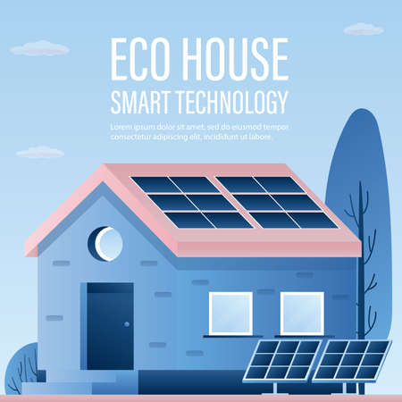 Eco house and smart technology background. Rooftop solar panel house and floor solar panels.Green home concept and clean energy. Trendy style vector illustrationのイラスト素材