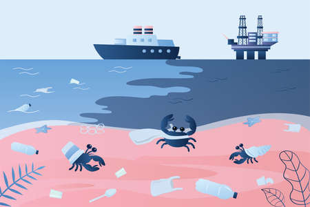 Ocean coast with plastic trash and various garbage. Tanker and oil platform pollute the ocean. Ecology problems concept. Global pollution background. Trendy style vector illustrationのイラスト素材