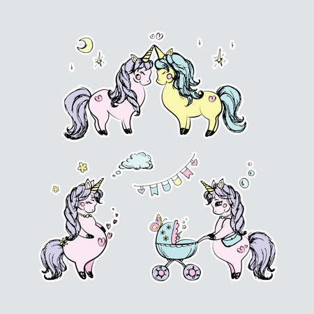 Set of cute unicorns- couple, pregnant unicorn and fairytail horse with baby in carriage. Magical animals with horns collection. Hand drawn style vector illustrationのイラスト素材