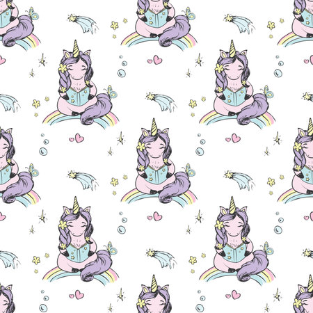 Seamless pattern with cute reading unicorn. Texture background wild fairy animal with book in hand drawn style. Poster, childish print template. Vector illustrationのイラスト素材