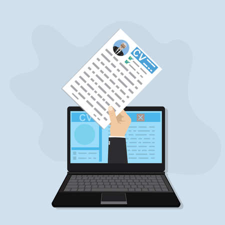 Modern laptop and hand holding paper cv resume. Online recruitment and job search concept. Flat design, vector illustrationのイラスト素材