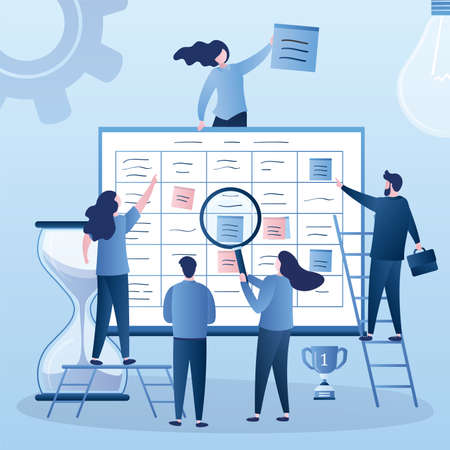 Priorities in work and schedule. Business people, hourglass and big timetable or to-do list. Time management and teamwork concept. Human characters in trendy style. Vector illustrationのイラスト素材