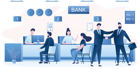 Modern bank office interior with furniture. Business people clients and bank staff at workplace. Bank managers and customers characters. Financial consultant. Trendy style vector illustrationのイラスト素材