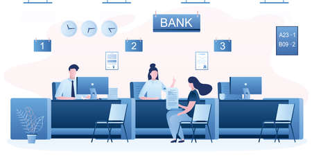 Modern bank office interior. Bank managers and customers characters. Woman client in bank office room. Bank employees or staff on workplace. Trendy style vector illustrationのイラスト素材
