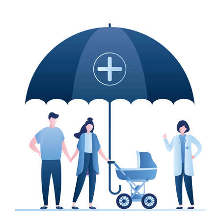 Happy family with baby stroller, female doctor and big save umbrella. Health Care with insurance concept. Isolated on white background. Trendy style vector illustrationのイラスト素材