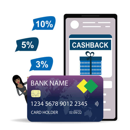 Modern smartphone with bank application. Cashback service concept isolated on white background. African american woman hold credit card. Financial reward. Cartoon vector illustration.のイラスト素材