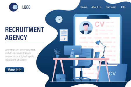 Recruitment agency landing page template. Empty workplace of HR specialist. Job interview, employment process, choosing a candidate concept. Big cv resume on background. Trendy style vector illustrationのイラスト素材