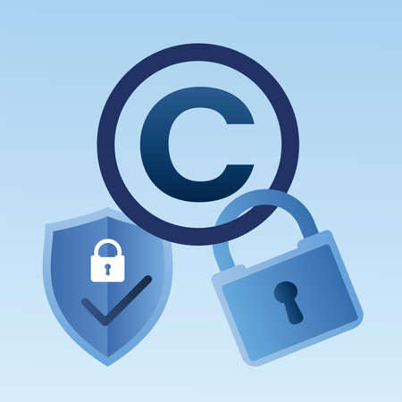 Protection sign copyright with padlock and security shield. Patent Office, Bureau banner. Legal consultation. Intellectual property defense. Authorship protection Service. Trendy vector illustrationのイラスト素材