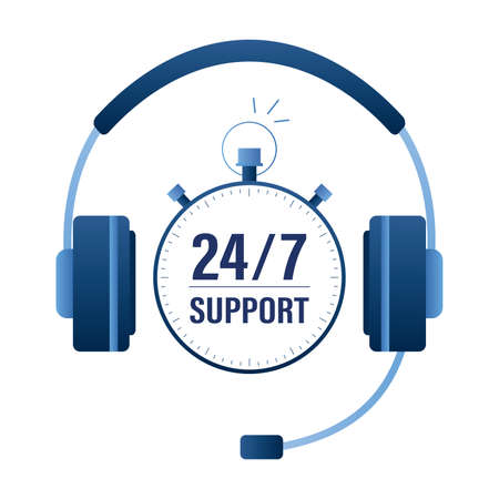 Big headset and watch. Support 24/7 concept banner. Customer service and mobile assistant. Call...