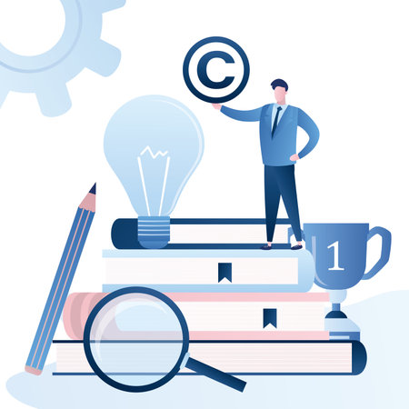 Patent Office, Bureau banner. Man clerk holding Copyright symbol. Pile of books, idea bulb and winner cup. Legal consultation. Intellectual property defense. Authorship protection service.Vectorのイラスト素材