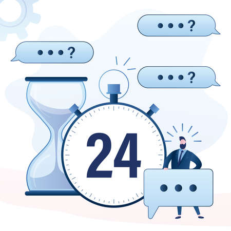 Big watch with 24 hours support, hourglass. Man consultant or assistant with speech bubble. Male character helper.Online support and customer help concept background. Vector illustrationのイラスト素材