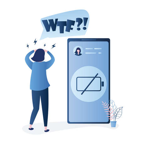 Modern smartphone which needs charging, low battery sign. Unhappy woman with speech bubble WTF....