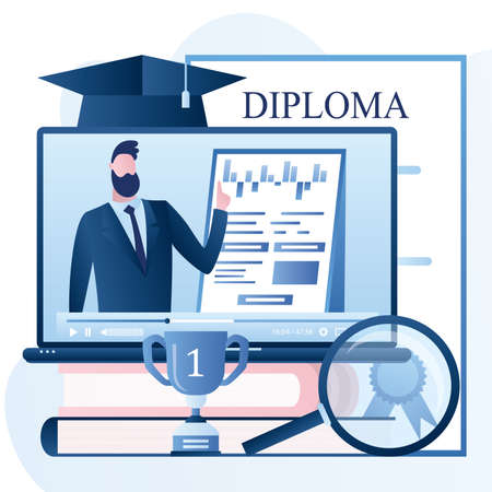 Online education or business training. Distance education concept. Books and laptop pc with video course, male teacher on screen. Graduate hat and diploma. Skills improvement. Vector illustrationのイラスト素材