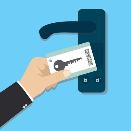 Access control. Cartoon man hand holding plastic key card. Electronic modern system for opening, closing, lock and unlock doors. Touch sensor. System safety and protection. Flat Vector illustrationのイラスト素材