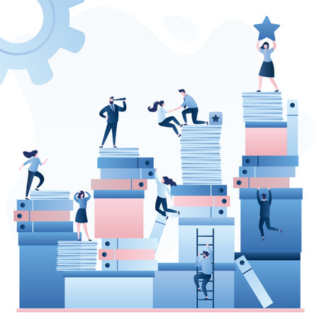 Huge heaps of paper documents and folders. Office work and corporate career. Businesspeople or clerks working. Overwork background. Winners and losers. Time management and deadline concept. Vectorのイラスト素材