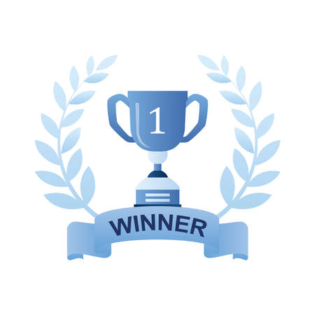 Winner cup inside of award wreath with ribbon. Successful results concept. Winning trophy isolated on white background. Flat trendy style vector illustrationのイラスト素材