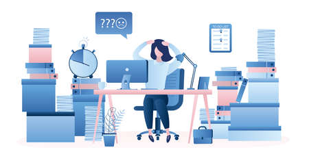 Office worker woman on workplace, overwork. Unhappy female employee look on huge heap of paper documents and folders. Time management, multitasking and deadline concept background. Vector illustrationのイラスト素材