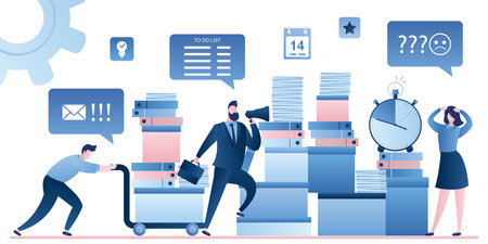 Office worker pushing cart full of documentation. Female employee look on huge heap of paper documents and folders. Businessman boss with megaphone. Time management and deadline concept. Vector illustrationのイラスト素材