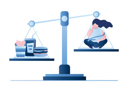 Sadness fat woman sitting on big scales. Unhealthy fast food and overweight female character with measuring tape. Obese girl with burger and drink. Flat vector illustrationのイラスト素材