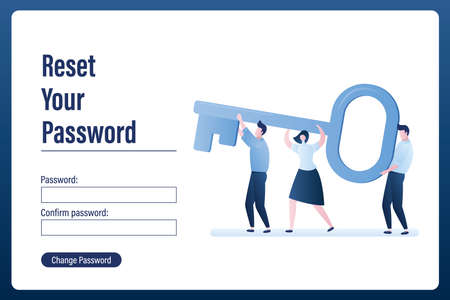 Reset password landing page. Various business characters with big key. Security web page template, trendy style vector illistrationのイラスト素材