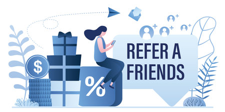 Referral program concept. Promotion campaign, influencer and target marketing and advertising. Speech bubble with text- refer to a friends Businesswoman use smartphone. Trendy style vector illustrationのイラスト素材