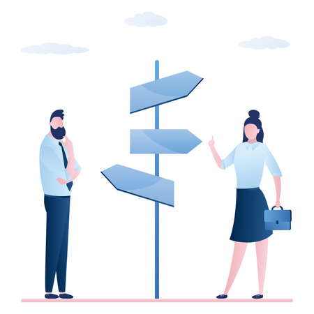 Businesspeople decide what way to choose. Cartoon characters making important decision and choice. Humans standing near crossroad pointer with several ways directions in business or life. Trendy vectorのイラスト素材