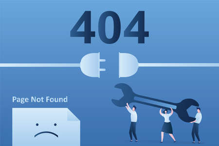 404 error,page not found landing page template. Group of programmers holding wrench. Funny tiny people characters. Site under construction. trendy blue color style vector illustrationのイラスト素材