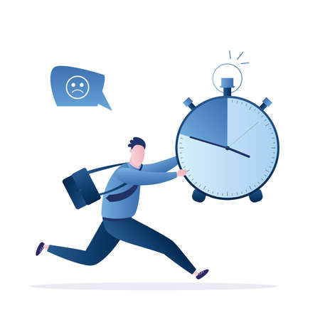 Handsome businessman holding watch in hands. The running office worker. Funny unhappy male character...