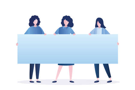 Businesswomen hold empty banner blank. Three girls holding poster template. Beauty Female characters with paper isolated on white background. Trendy style vector illustrationのイラスト素材