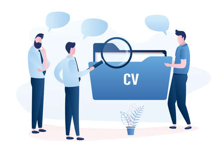 Business people hiring. Job interview concept background. Man candidate with folder and male hr manager use magnifying glass. Funny characters in trendy style. Vector illustrationのイラスト素材