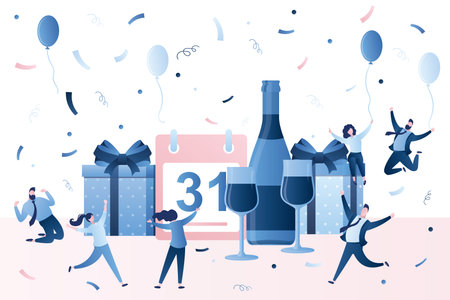 People celebrating new year or happy birthday party. Successful teamwork business victory banner. Group of Businesspeople with big  bottle, glasses, gift boxes.Flat trendy vector illustrationのイラスト素材