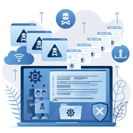 Virus bot hacker. Network piracy danger. Robot develop program code and creates a computer virus. Spam mailing,malware and pirate attack artificial intelligence concept. Trendy style Vector illustrationのイラスト素材