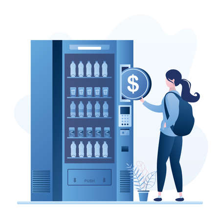 Handsome tourist backpacker using vending machine with drinks. Male character order and purchase beverages. Traveler holding big dollar coin. Trendy blue style design. Vector illustrationのイラスト素材
