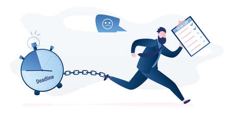 Businessman runs with deadline clock attached by chain to leg. Unhappy office worker holding to do list. Funny male employee. Time management and deadline concept. vector illustrationのイラスト素材