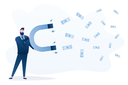 Handsome businessman with a huge magnet attracting money. Banknotes fly to the employee. Male character and elements in trendy blue colors. vector illustrationのイラスト素材