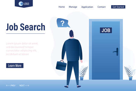 Job search landing page template. businessman stand in hallway. Handsome candidate man waiting job interview. male applicant character. trendy style vector illustrationのイラスト素材