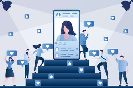 Big smartphone on podium. Female account with avatar on screen, various people followers gives like...