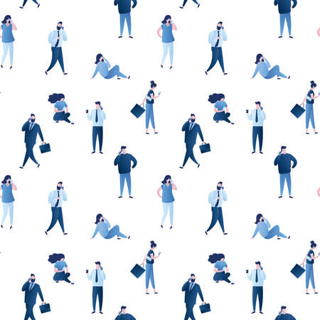 Seamless pattern of tiny business people. Diverse collection of small men and women in business suits. Tiny people use smartphones. Funny office workers walking outdoor. trendy vector illustrationのイラスト素材