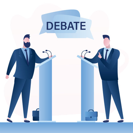 Open debate before Vote. Concept with leaders of opposing political parties conducting intense discussions on public debates. Two male politicians debate on the podium, election campaign.Vector illustrationのイラスト素材
