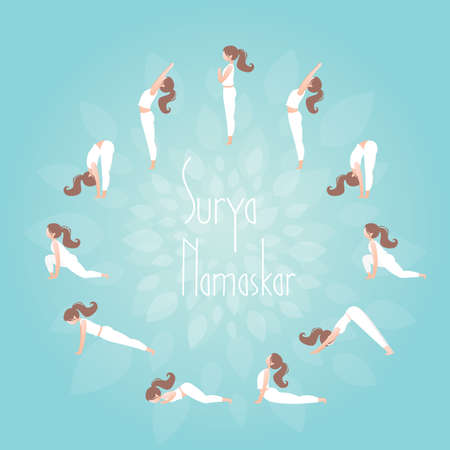 sun salutation. Surya namaskar. Complex asanas,fitness training.Yoga sequence. Beauty female character doing yoga positions. vector illustration.のイラスト素材