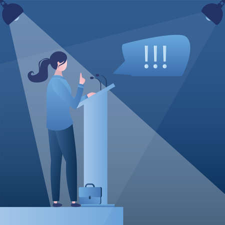 Woman speaker at the rostrum. The politician gives a speech at the tribune. Business conference, business meeting. Female political character in trendy blue color style. vector illustrationのイラスト素材