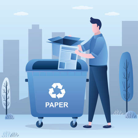 Handsome man throwing paper garbage in big trash can. Recycling and ecological concept. urban view background. Separate garbage collection. Male character in trendy style,vector illustrationのイラスト素材