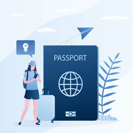 Legal document to travel. Woman traveler with luggage. Country passport, national identification card to foreign border. Emigration control, government security  . Citizenship concept. vector illustrationのイラスト素材