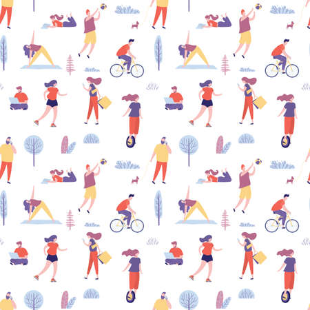 Seamless pattern with different active people spending time in the park. Various male and female characters outdoor. Weekend time texture background. Tiny people trendy style. vector illustrationのイラスト素材